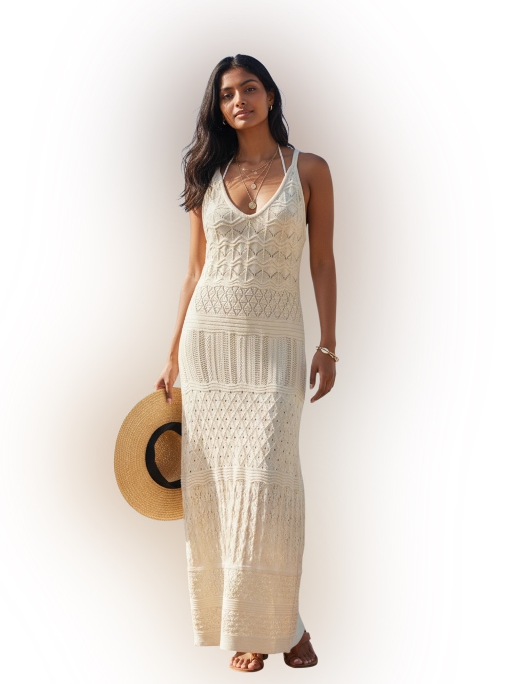 NWT Caroline Constas Openwork Crochet Knit Maxi Dress Ivory Cream Medium Chic